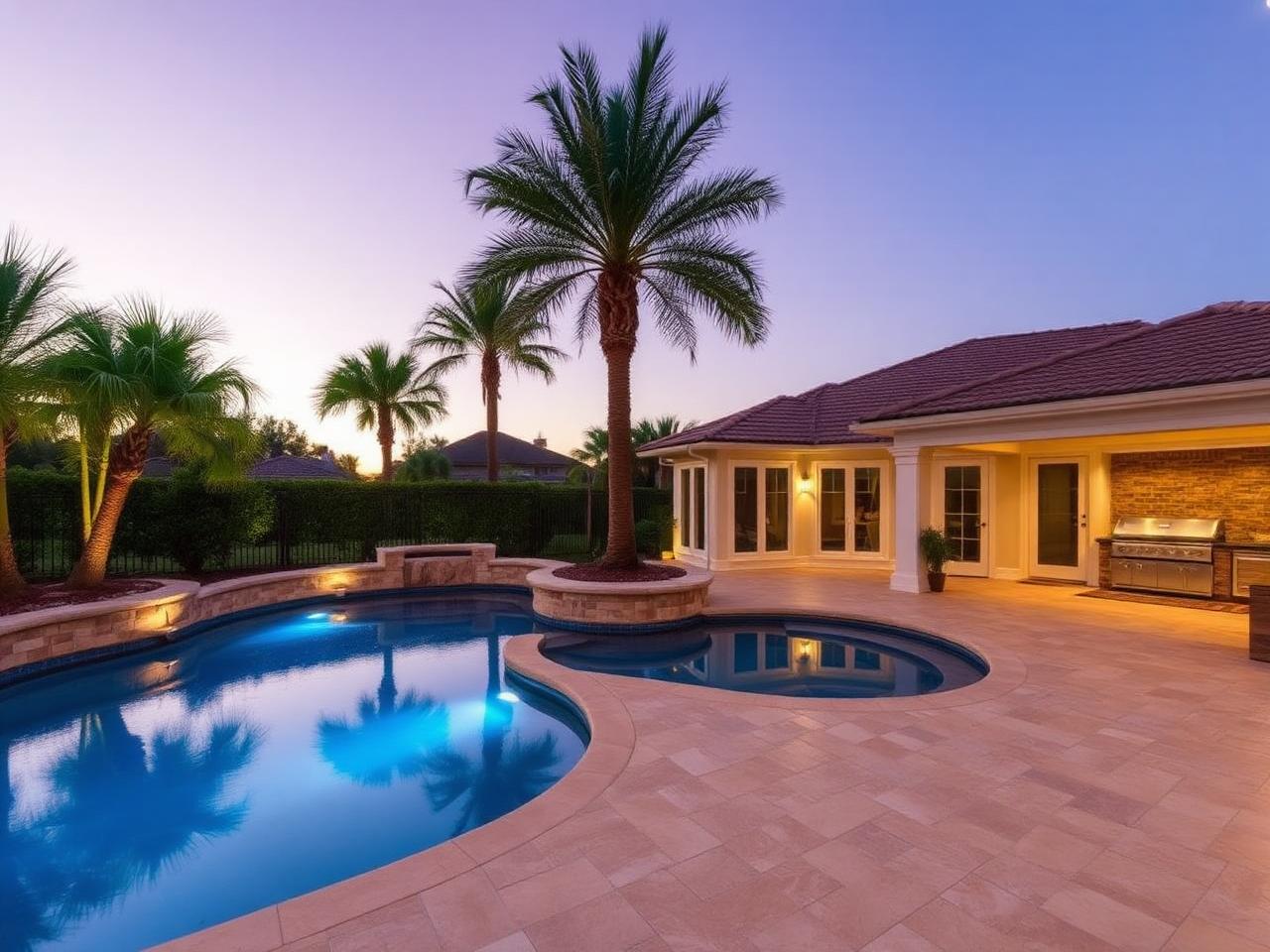 Custom backyard with pool and outdoor kitchen